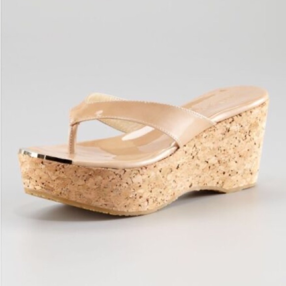 Jimmy Choo nude patent leather cork wedge sandals